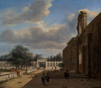 Un giardino palaziale, con figure che emergono da un palazzo sulla destra da Jan van der Heyden